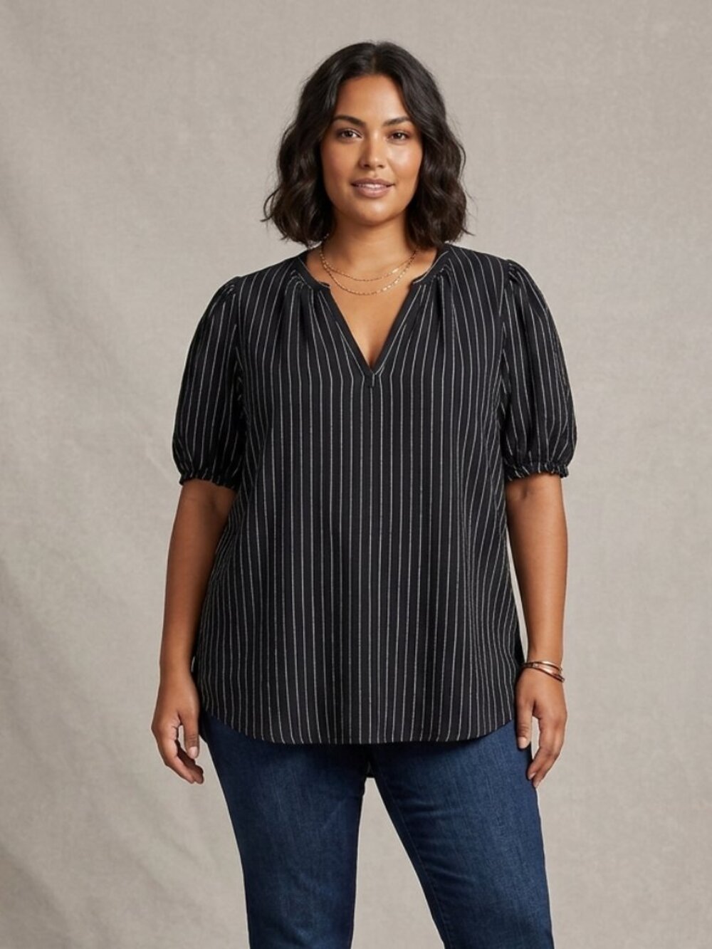 Joie Women's Size 1X Black Striped Split Neck Tunic Blouse Top